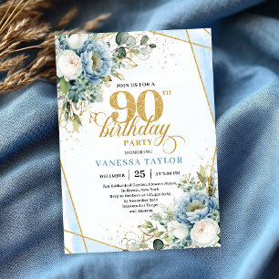 Staubblau-goldene Botanicals rahmen 90. Geburtstag Einladung