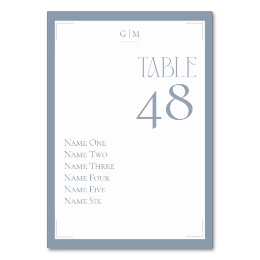 Staubblau-Grau-Monogramm Gastnamen Modern Tischnummer (Rückseite)