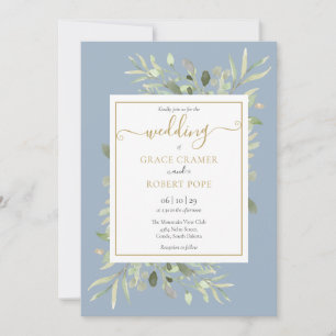 Staubblau Grün Gold Geometrische Schrift Hochzeit Einladung