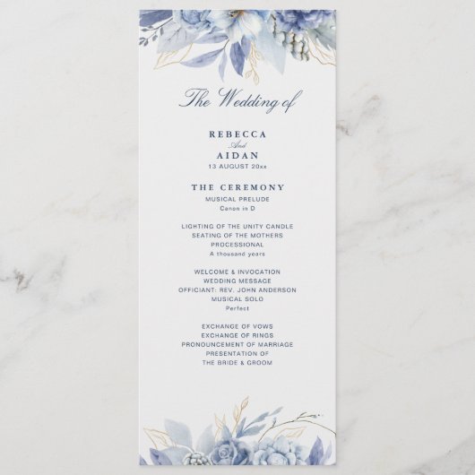 Staubblau & Hellblau Florale Kunst Hochzeit Programm (Vorderseite)