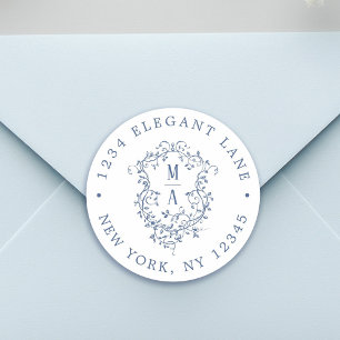 Staubblau klassisches florales Wappen Rücksendeadr Runder Aufkleber
