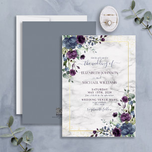 Staubblau Lila Gold Blumen Hochzeit Folieneinladung