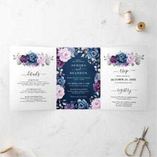 Staubblau Lila Navy Lilienblüten Hochzeit Tri-Fo Dreifach Gefaltete Ankündigung