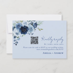 Staubblau Marine Blumen QR-Code Hochzeit RSVP Karte