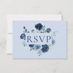 Staubblau Marine Blumen QR-Code Hochzeit RSVP Karte