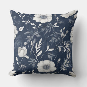 Staubblau Marineblau Weiß Floral Kissen