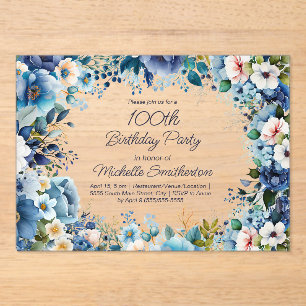 Staubblau Marineweiß Floral 100. Geburtstag  Acryleinladungen
