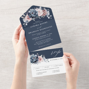 Staubblau Mauve Rosenpink Schieferblume Hochzeit  All In One Einladung
