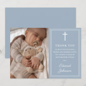 Staubblau moderne Foto-Taufe Dankeskarte (Vorne/Hinten)