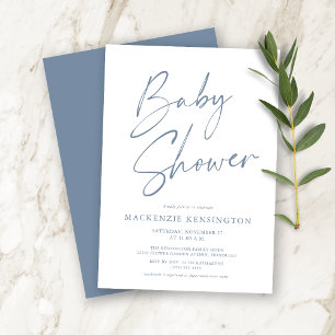 Staubblau Moderne Handgeschriebene Schrift Baby Sh Einladung