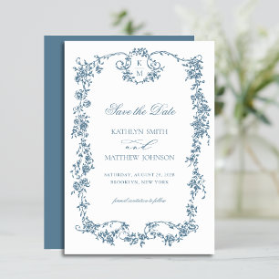 Staubblau Monogramm Elegante Vintage Rahmen Hochze Save The Date