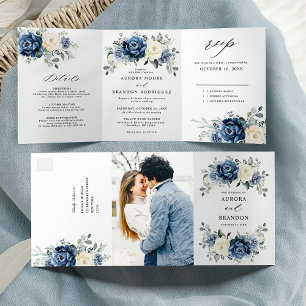 Staubblau Navy Champagner Elfenbein Floral  Dreifach Gefaltete Ankündigung