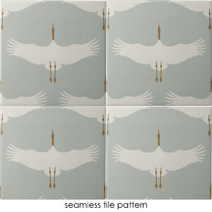 Staubblau neutrale Vögel Kraniche Art Deco Muster Fliese