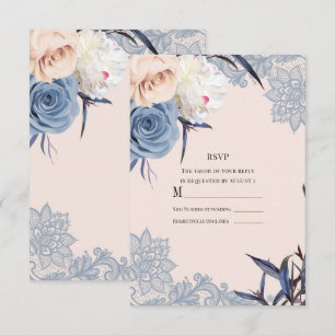 Staubblau & Pfirsich Blumen-Spitze Hochzeit RSVP A Einladung