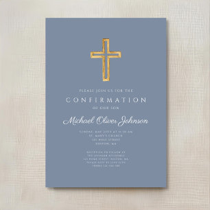 Staubblau religiöses Holzkreuz Jungen-Konfirmation Einladung