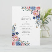 Staubblau Romantische Blumige Hochzeit Einladung (Stehend Vorderseite)