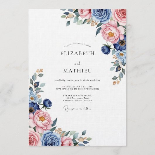 Staubblau Romantische Blumige Hochzeit Einladung (Vorderseite)
