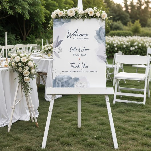 Staubblau Romantisches Florales Hochzeitswillkomme Poster