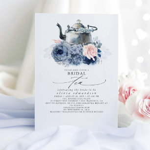 Staubblau rosa Blumen elegante Hochzeits-Teeparty Einladung