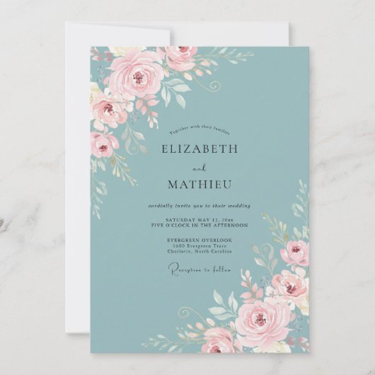 Staubblau Rosa Florale Hochzeit Einladung (Vorderseite)