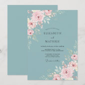 Staubblau Rosa Florale Hochzeit Einladung (Vorne/Hinten)