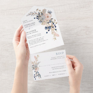 Staubblau Rosa Moderne Botanische Hochzeit All In One Einladung