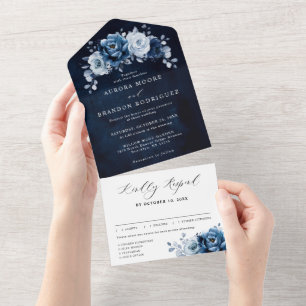 Staubblau Schiefer Navy Floral Botanische Hochzeit All In One Einladung