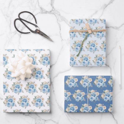 Staubblau silber elegante Blumen Geschenkpapier Set (Vorderseite)