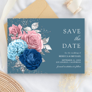 Staubblau Silber Rosa Florale Hochzeit Save The Date