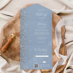Staubblau silberner Glitter QR-Code Hochzeit All In One Einladung