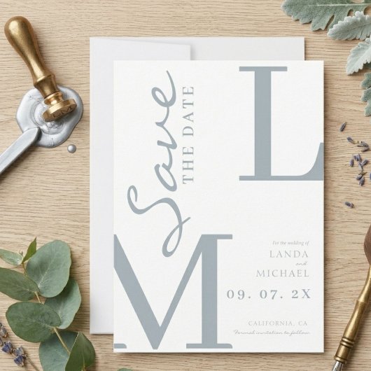 Staubblau stilvolle Monogramm-Hochzeit Save The Date
