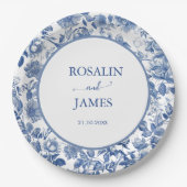 Staubblau Toile Blumen Personalisierte Hochzeit Pappteller (Vorderseite)