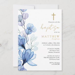 Staubblau transparentes florales Monogramm-Taufkle Einladung