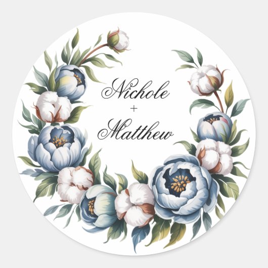 Staubblau und Baumwollhochzeit Runder Aufkleber (Vorderseite)