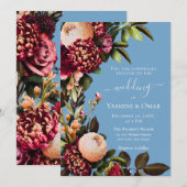 Staubblau und Burgunder Blumen mit QR-Code Einladung (Vorne/Hinten)