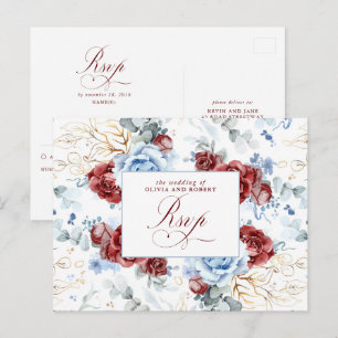 Staubblau und Burgunderrot Hochzeit RSVP Postkarte