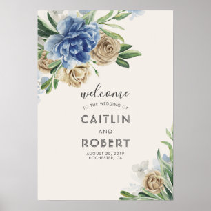 Staubblau und elfenbeinfarbene Blumen Poster
