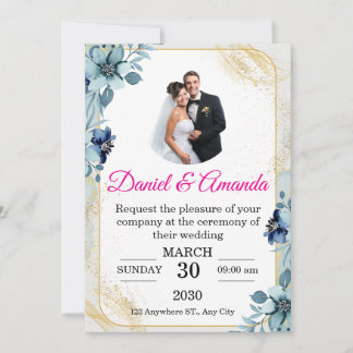 Staubblau und Gold Blumenfoto-Hochzeitseinladung Einladung