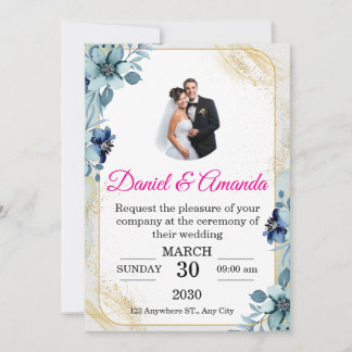 Staubblau und Gold Florale Foto-Hochzeitseinladung Einladung