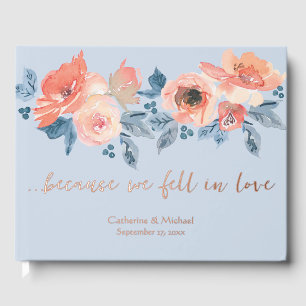 Staubblau- und Korallenrosa-Aquarell-Blumenhochzei Gästebuch