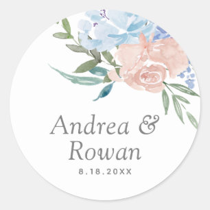 Staubblau- und rosa Blumenhochzeit Runder Aufkleber