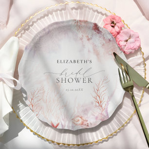 Staubblau und Rosé Flora-Brautparty Pappteller