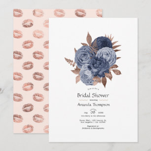 Staubblau und Roségold Floral Paarbaby-Party Einladung