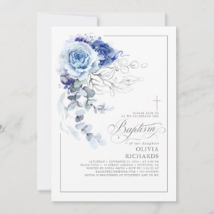 Staubblau und silberne florale elegante Taufe Einladung