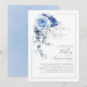 Staubblau und silberne florale Hochzeitsjubiläum Einladung