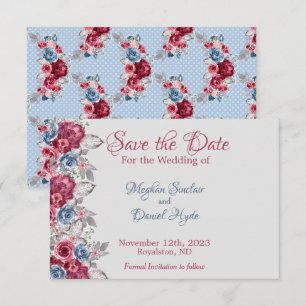 Staubblau und Tiefburgunder Blumen Save The Date