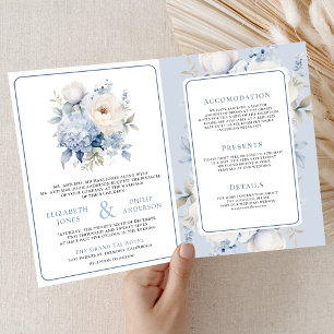 Staubblau- und Weißblumen-Hochzeitskleid Einladung