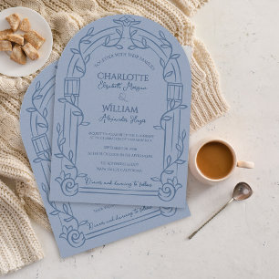 Staubblau verzierte botanische Hochzeitsbögen Einladung