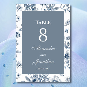 Staubblau Vintage-Blumen-Chinoiserie-Hochzeit Tischnummer