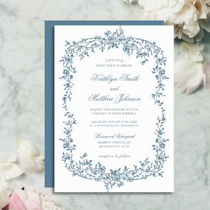 Staubblau Vintage-Blumen Elegantes Skript Hochzeit Einladung